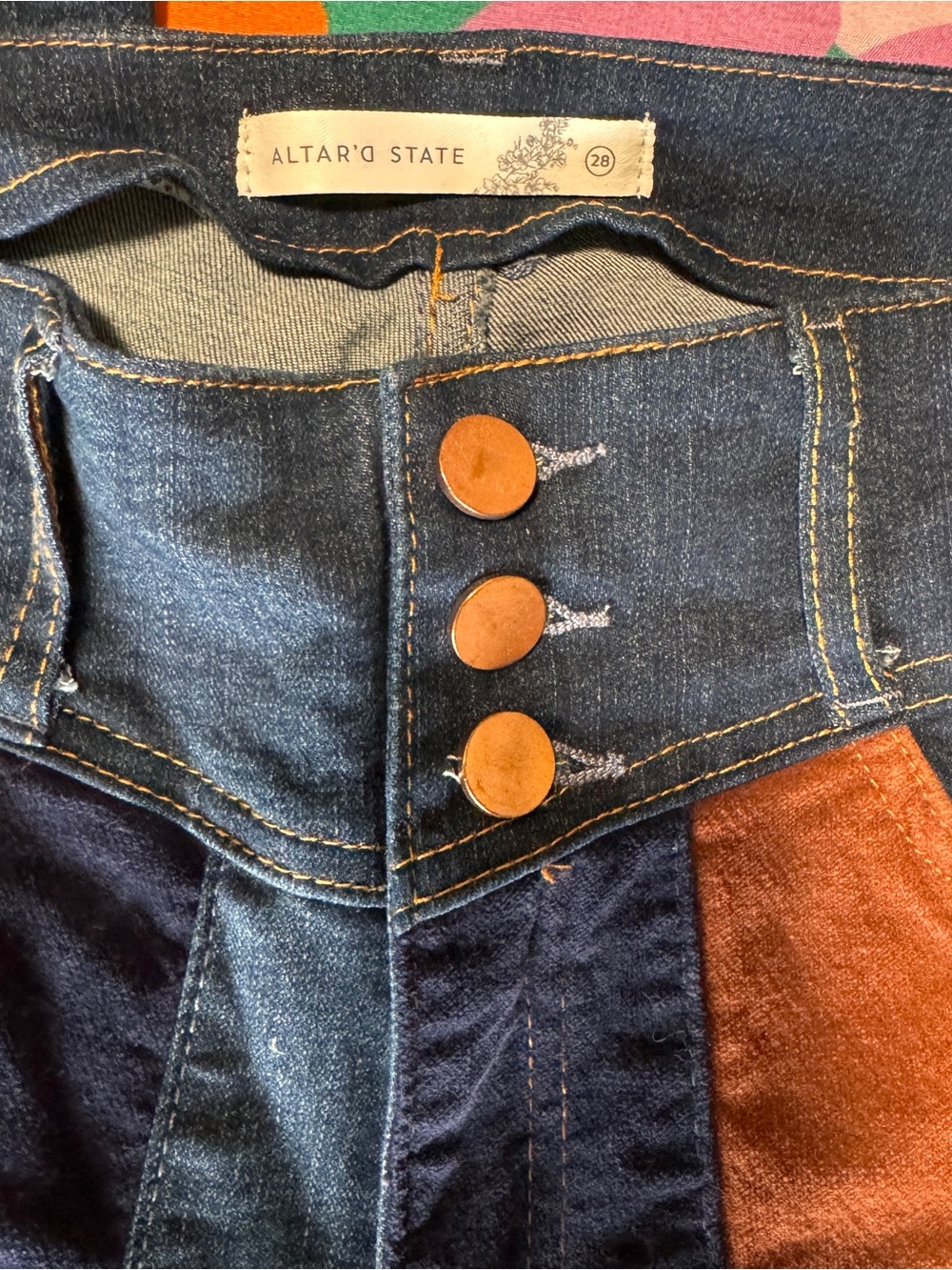 Altar'd State Women's Flared Jeans with Navy, Brown and Tan Panels - Picture 5 of 9